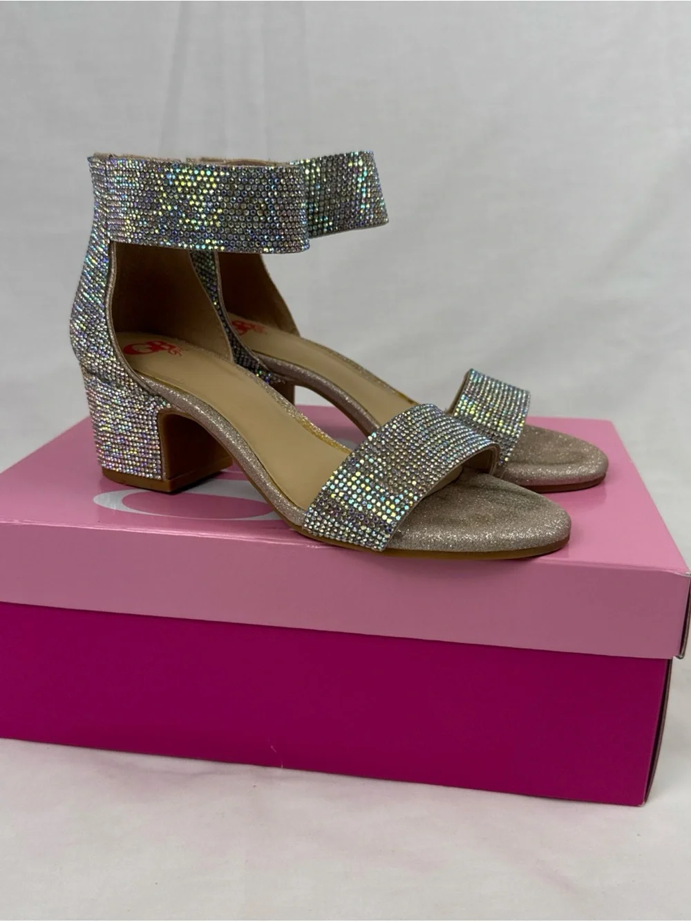 GB Girls' Roniiee Rhinestone Ankle Strap Dress Sandals Sparkling Block Heels